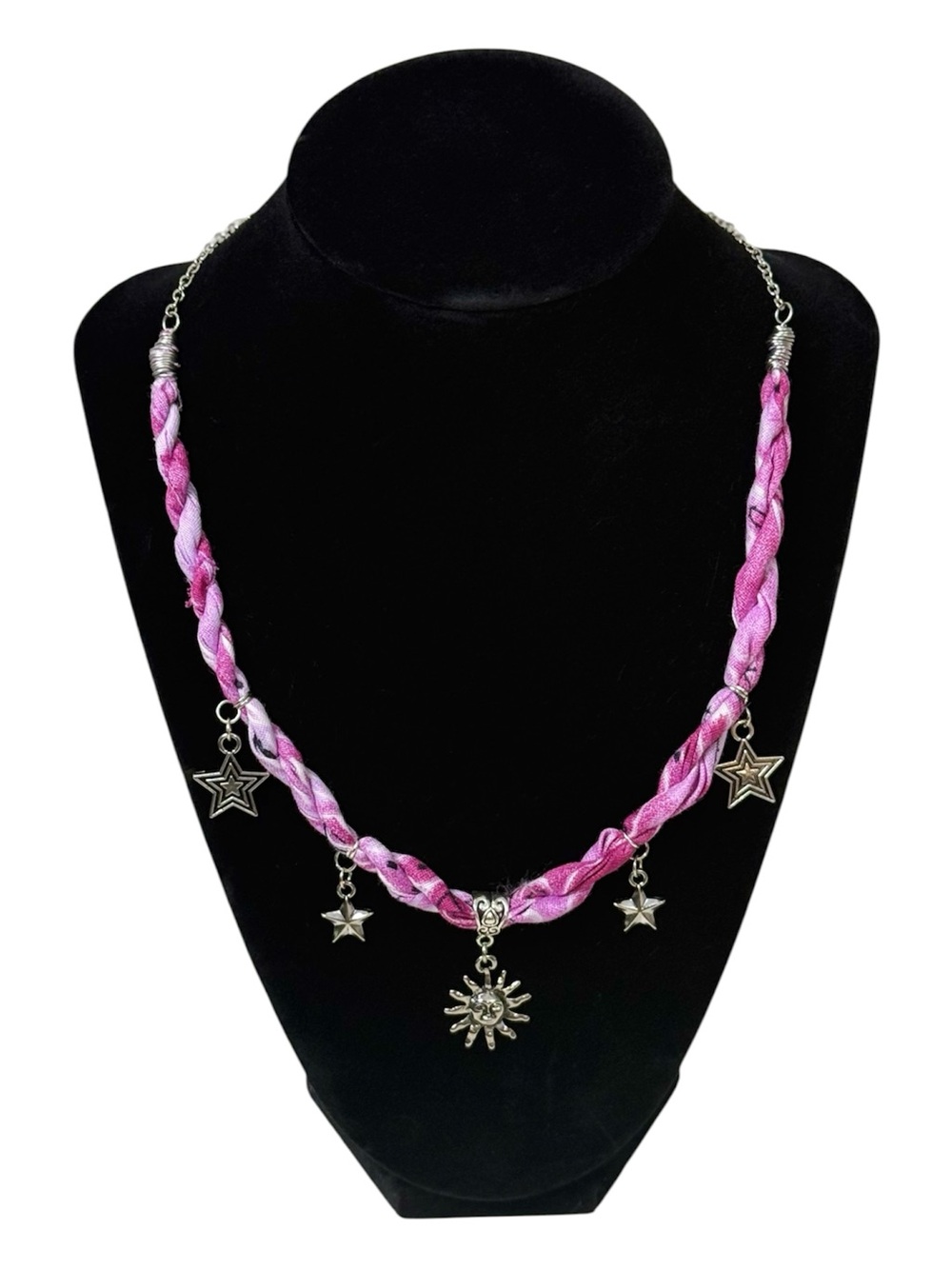 Handmade Pink Braided Bandana Sun & Star Charm Necklace